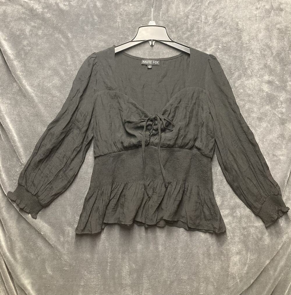 Haute Fox Black Milkmaid Top Cottagecore Goth Smocked Peplum Lace Up Blouse 1X